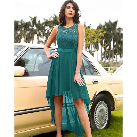 BeryLove Women Peacock Green Chiffon Scoop Neck Sleeveless Lace Cocktail Dresses - Picture 7 of 7